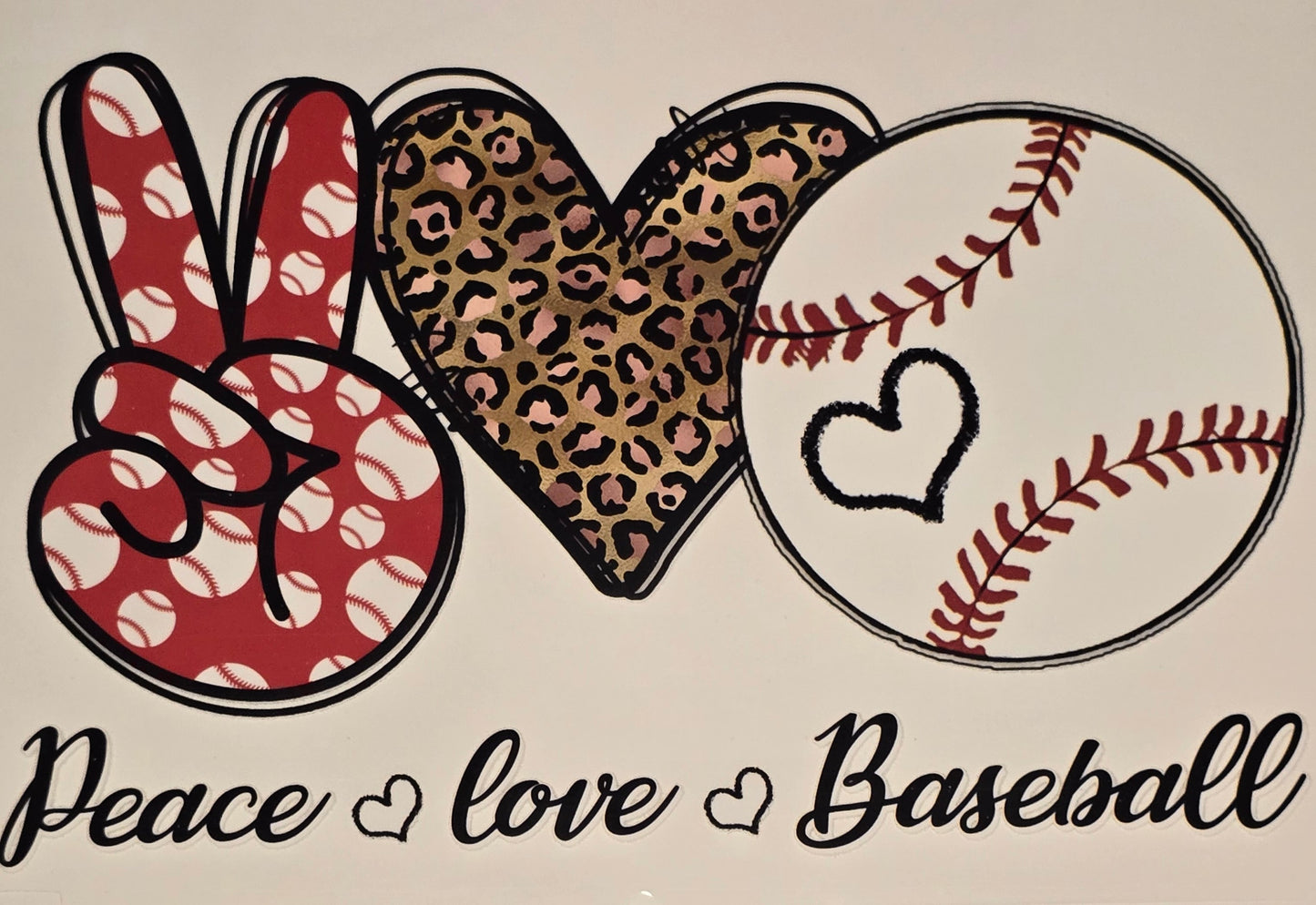 DTF Baseball "Peace, Love, Baseball" Peace, Heart, Base Ball, Cheetah Lace print