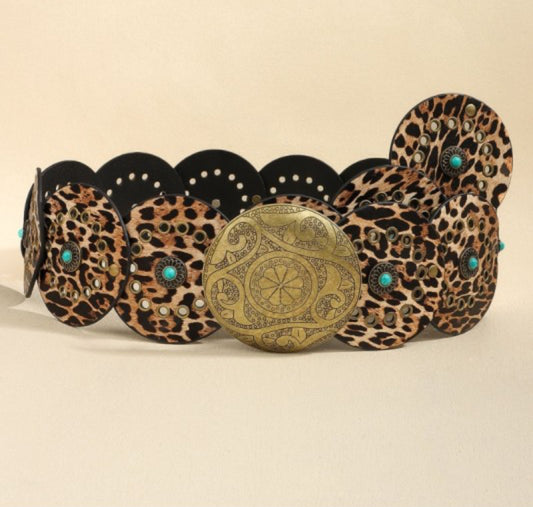 Western Round Disc Turquoise Leopard Belt