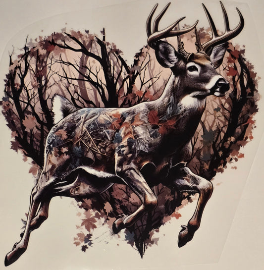 DTF Deer Hunt - Running Buck with heart wooded pattern
