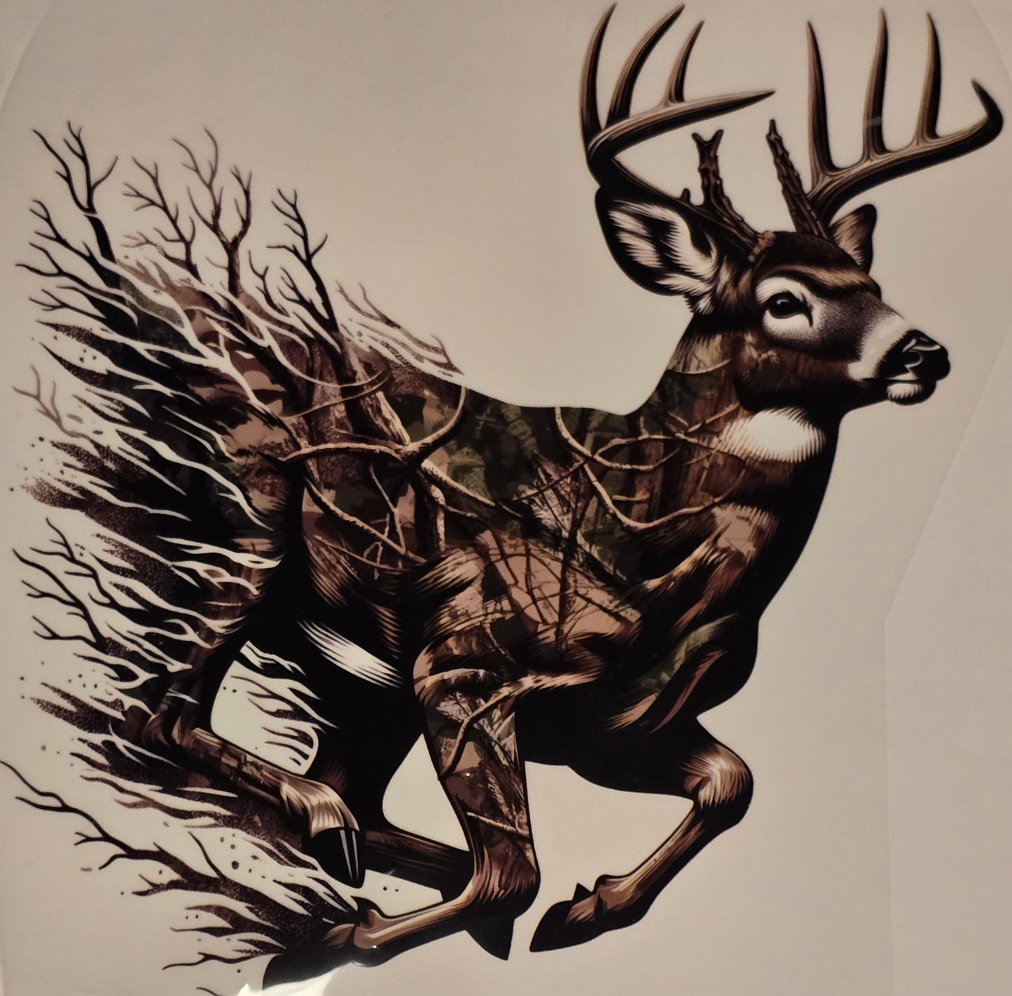 DTF Deer Hunt - Running Buck with wooded camo pattern