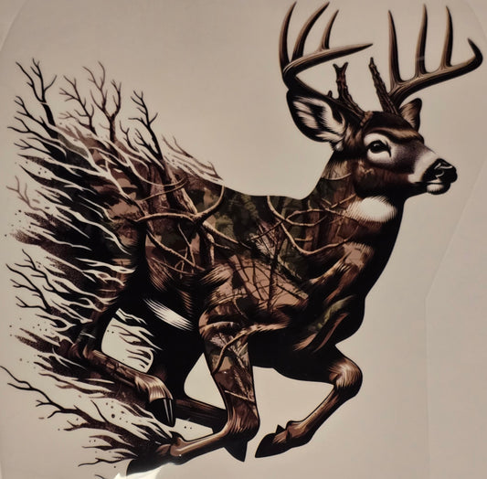 DTF Deer Hunt - Running Buck with wooded camo pattern