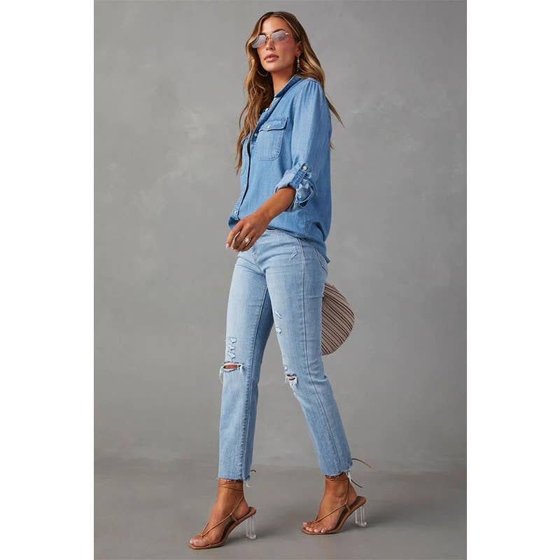 Casual Collared Single Breasted Denim Shirt