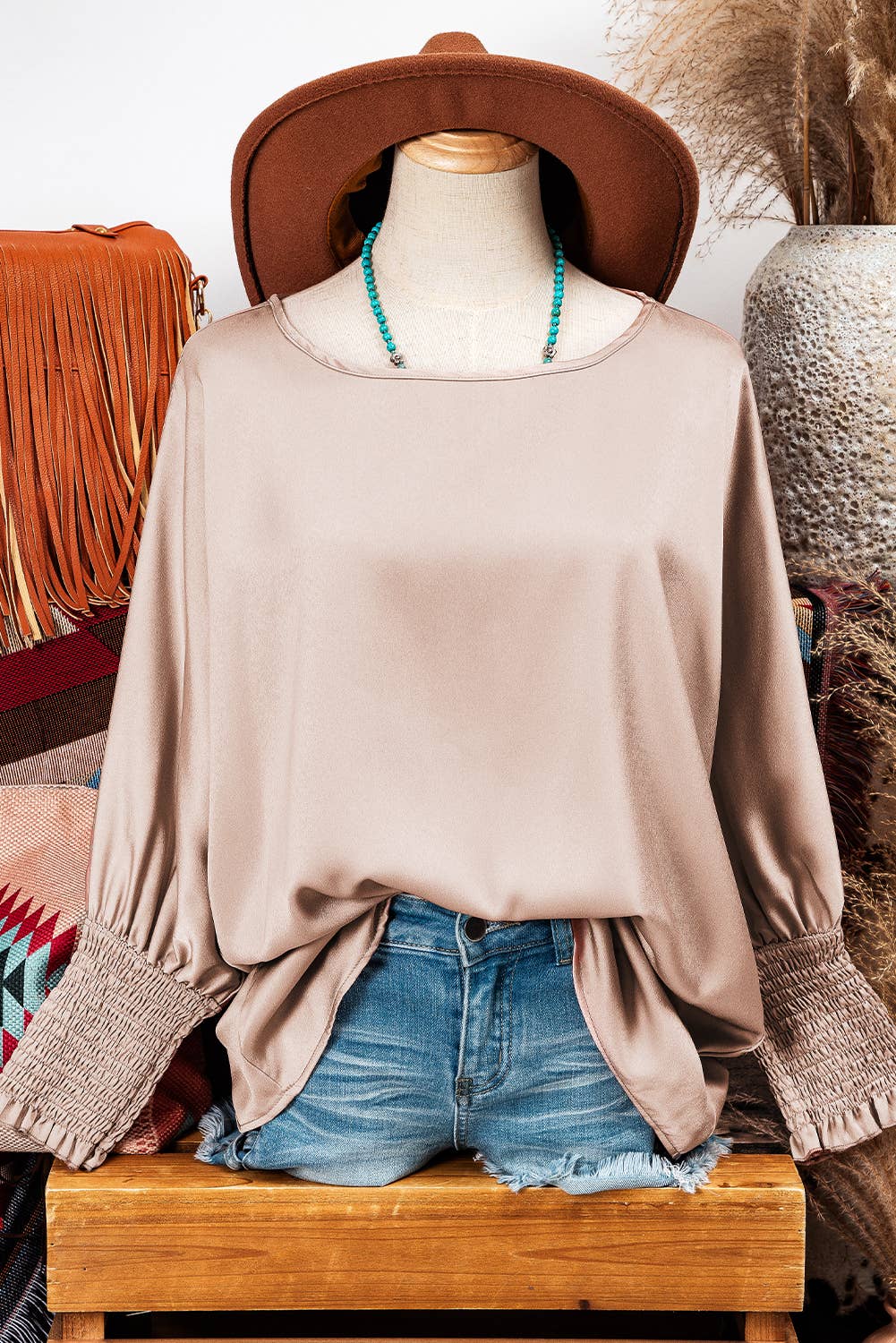 Fashion-W Shirred Dolman Sleeve Satin Blouse