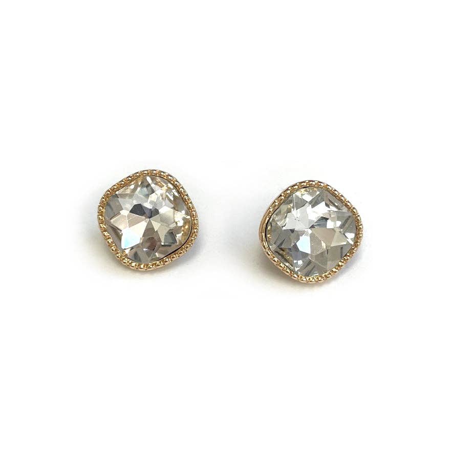 Square Textured Framed Crystal Glass Stone Stud Earrings