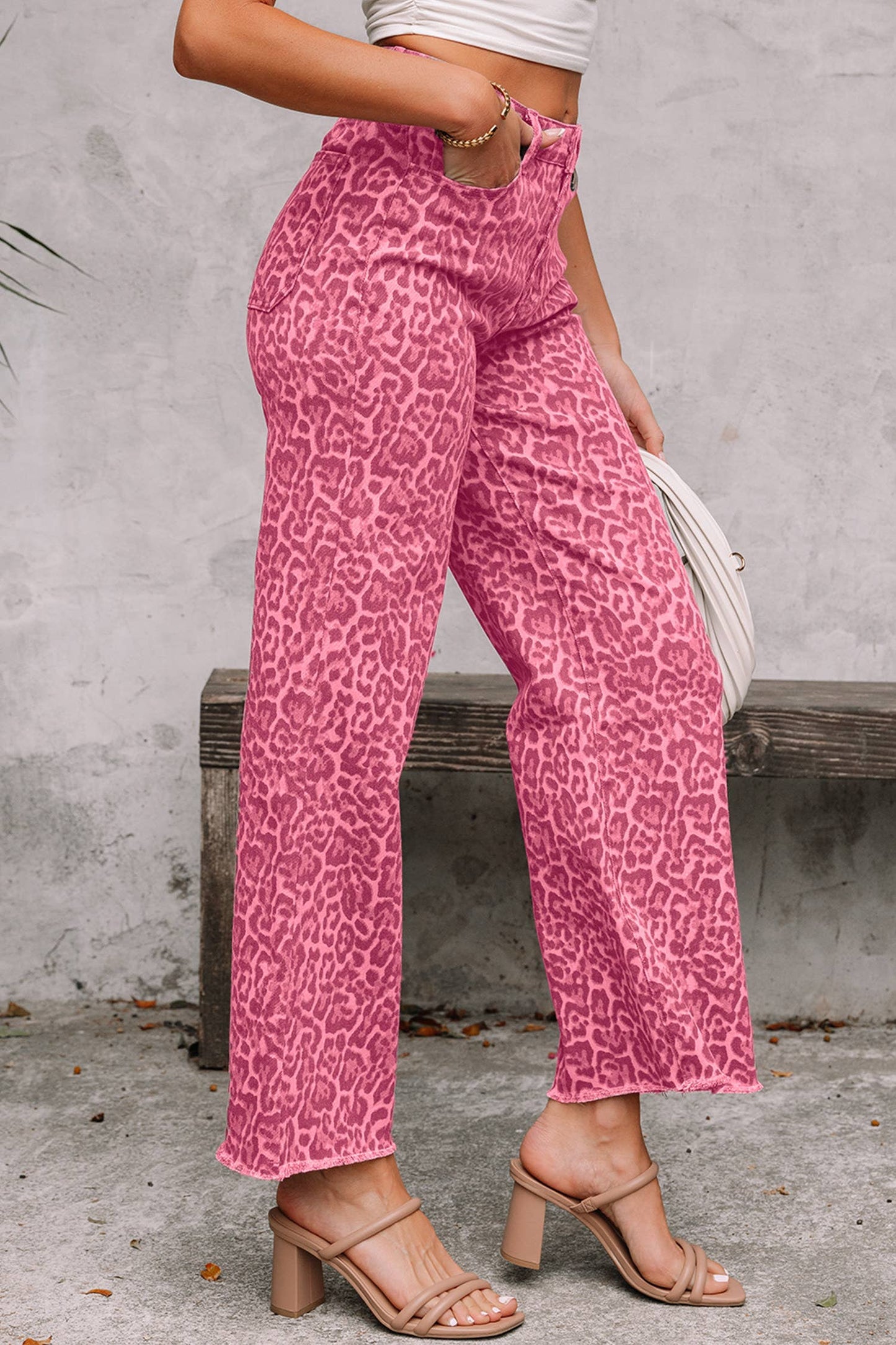 66 Western Leopard Frayed Edge Wide Leg High Waist Jeans