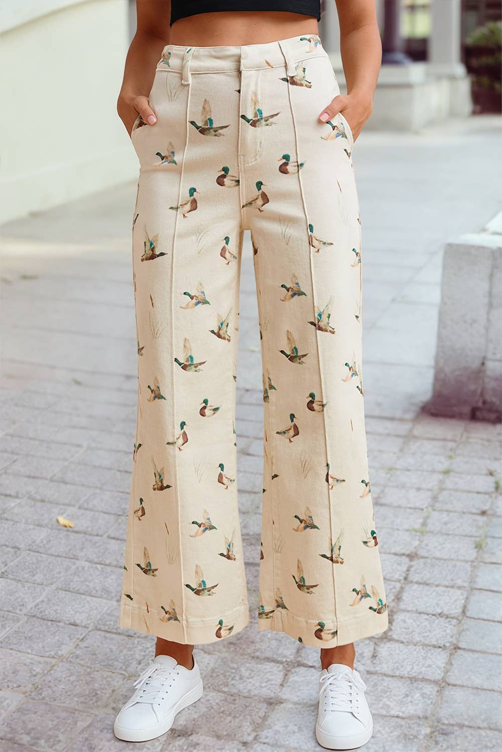Mallard Duck Print Denim Wide Leg Pants