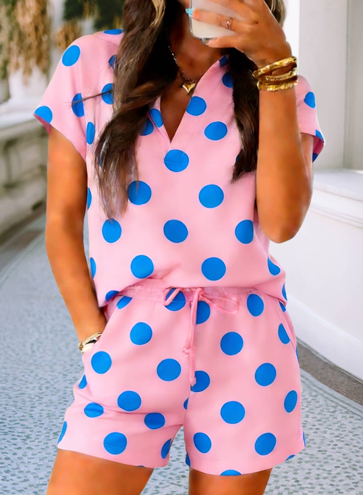 LDC Polka Dot Print V Neck Tee Short Set