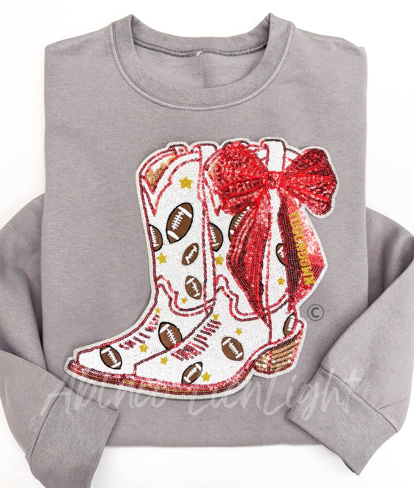 Football Touchdown Star Red Bow Boot Sequin Patch - Large