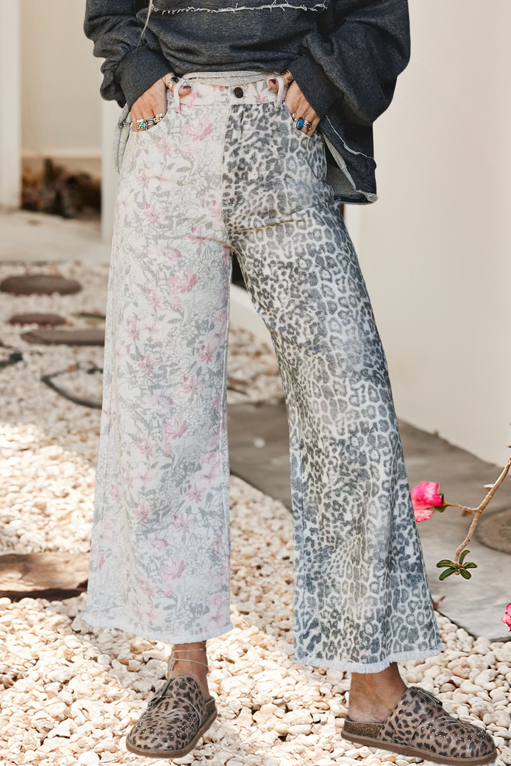 LDC The Nest Ezra Mixed Print Leopard Wide Leg Jeans
