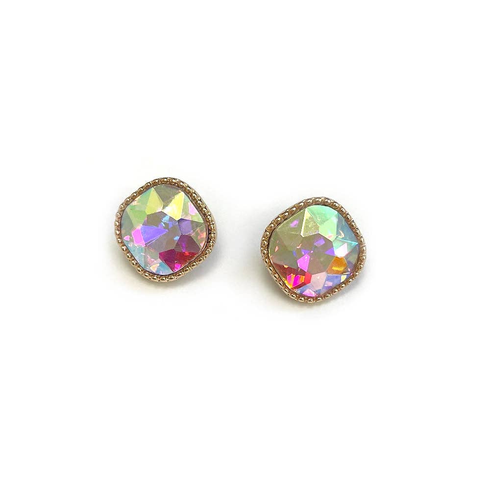 Square Textured Framed Crystal Glass Stone Stud Earrings