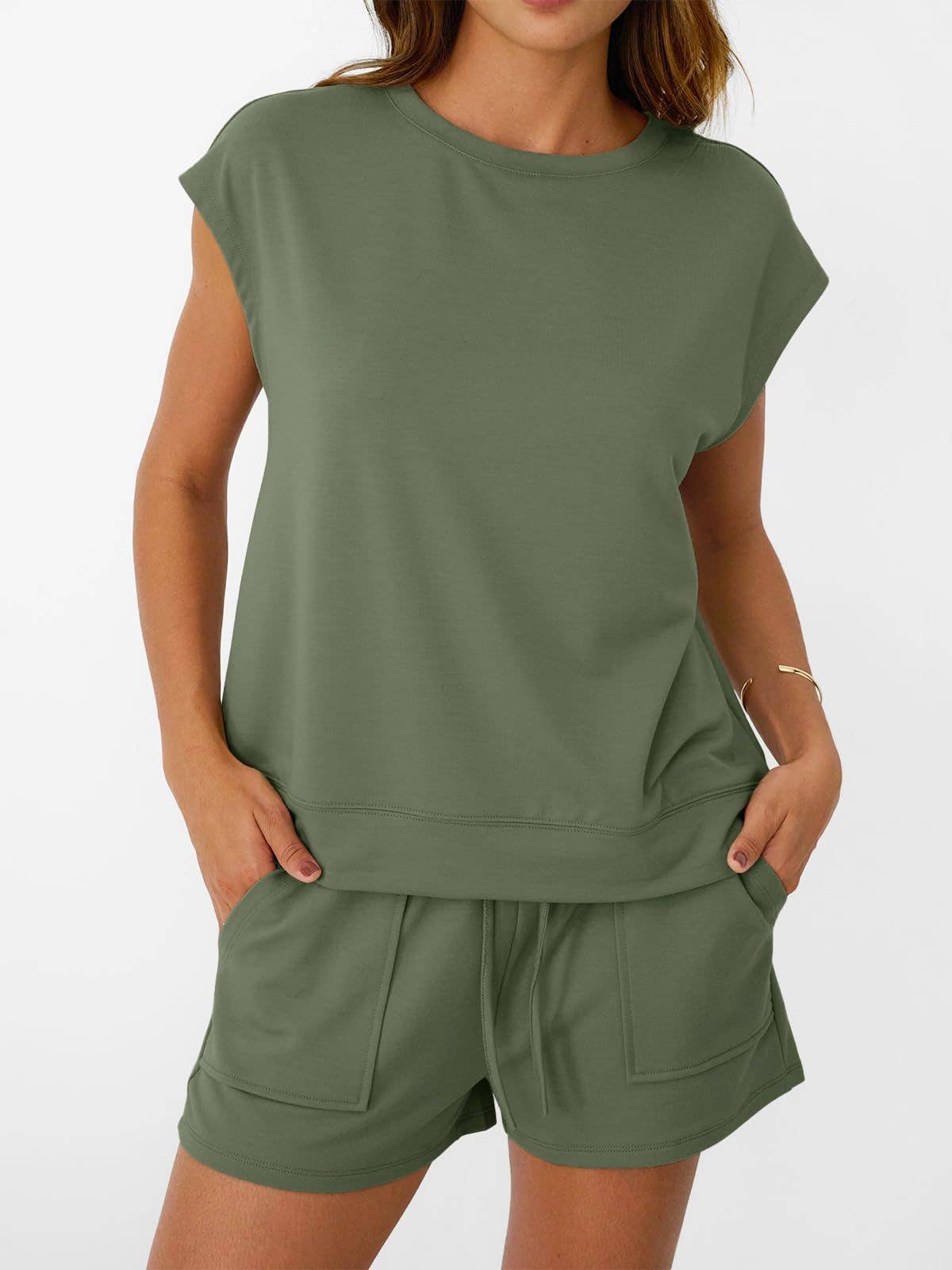 Casual Lounge Set Cap Sleeve Top Drawstring Shorts