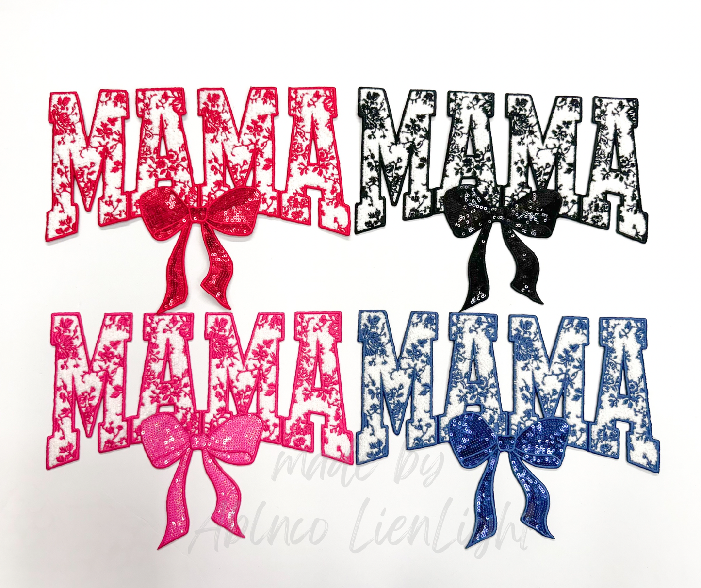 Pink Floral Mama Bow Sequins & Chenille Embroidery Patch