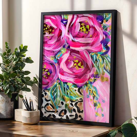 Roses Leopard Floral Art Print, Cheetah Maximalist Art, Dopamine Decor, Trendy Colorful Wall Poster