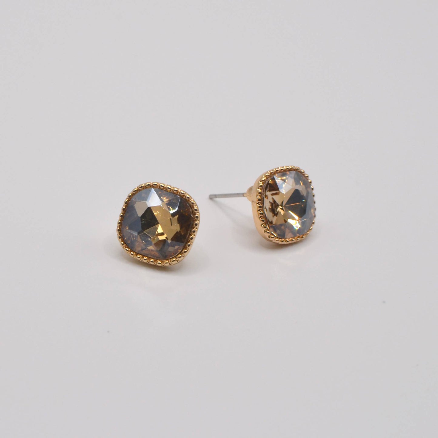 Square Textured Framed Crystal Glass Stone Stud Earrings
