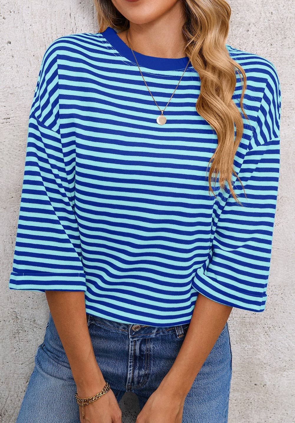 Pink Striped Knit Crew Neck Top with Back Bow Tie Detail