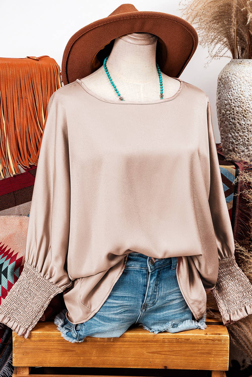 Fashion-W Shirred Dolman Sleeve Satin Blouse