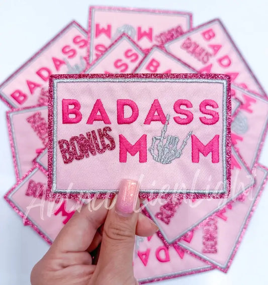 Badass bonus mom glitter embroidery patch iron on