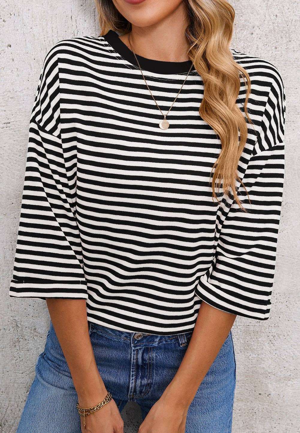 Pink Striped Knit Crew Neck Top with Back Bow Tie Detail