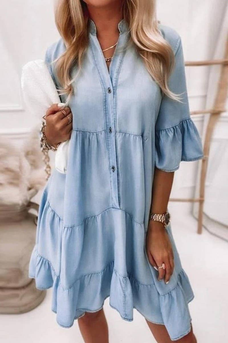 CWDSD6508_V-NECK HALF SLEEVE WASHED DENIM DRESS