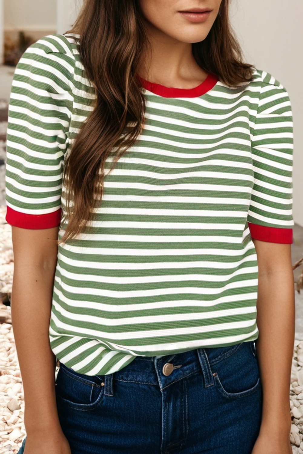 LDC Stripe Short Puff Sleeve Contrast Trim Round Neck Tee