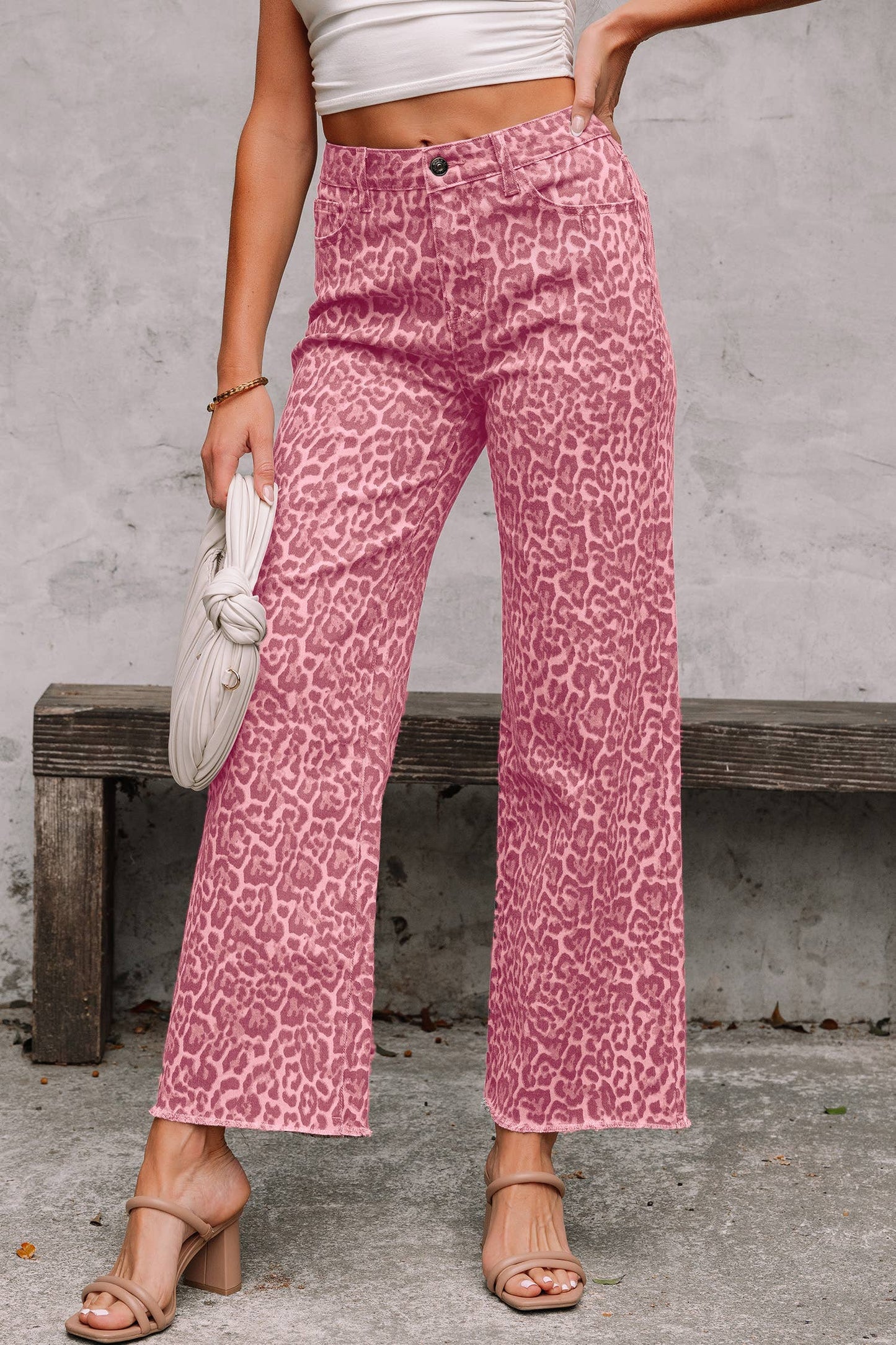 Western Leopard Frayed Edge Wide Leg High Waist Jeans*4-16