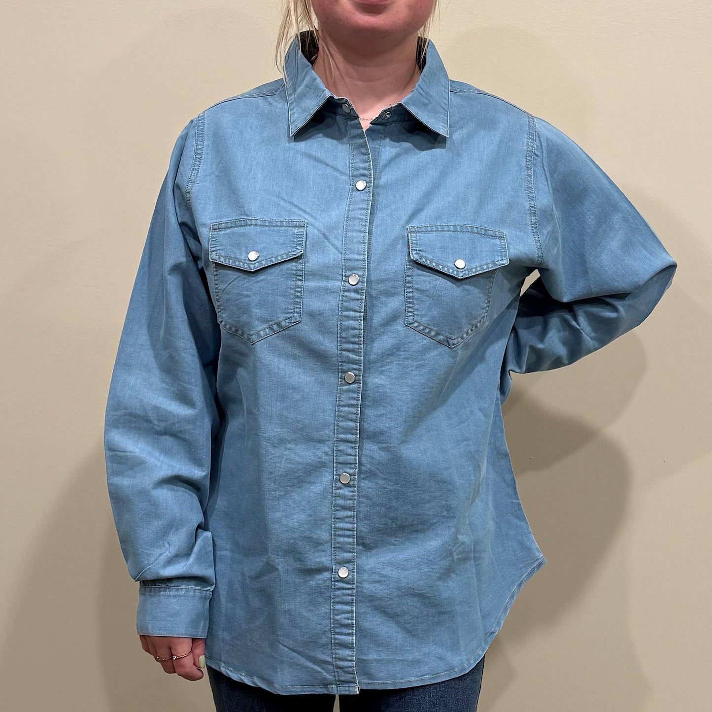Denim Pearl Snap Chambray (with patch on back)
