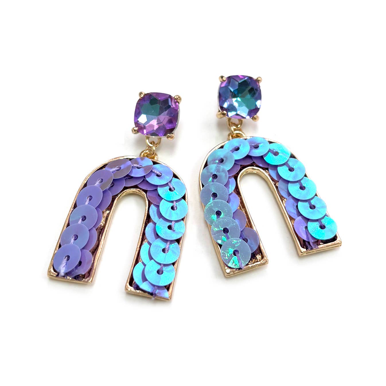 Cushion Cut Stone Post with Arch Sequin Dangle Earrings