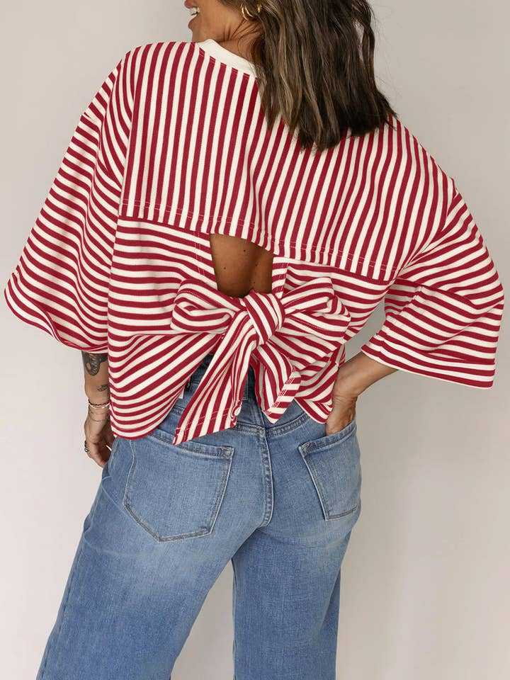 Pink Striped Knit Crew Neck Top with Back Bow Tie Detail