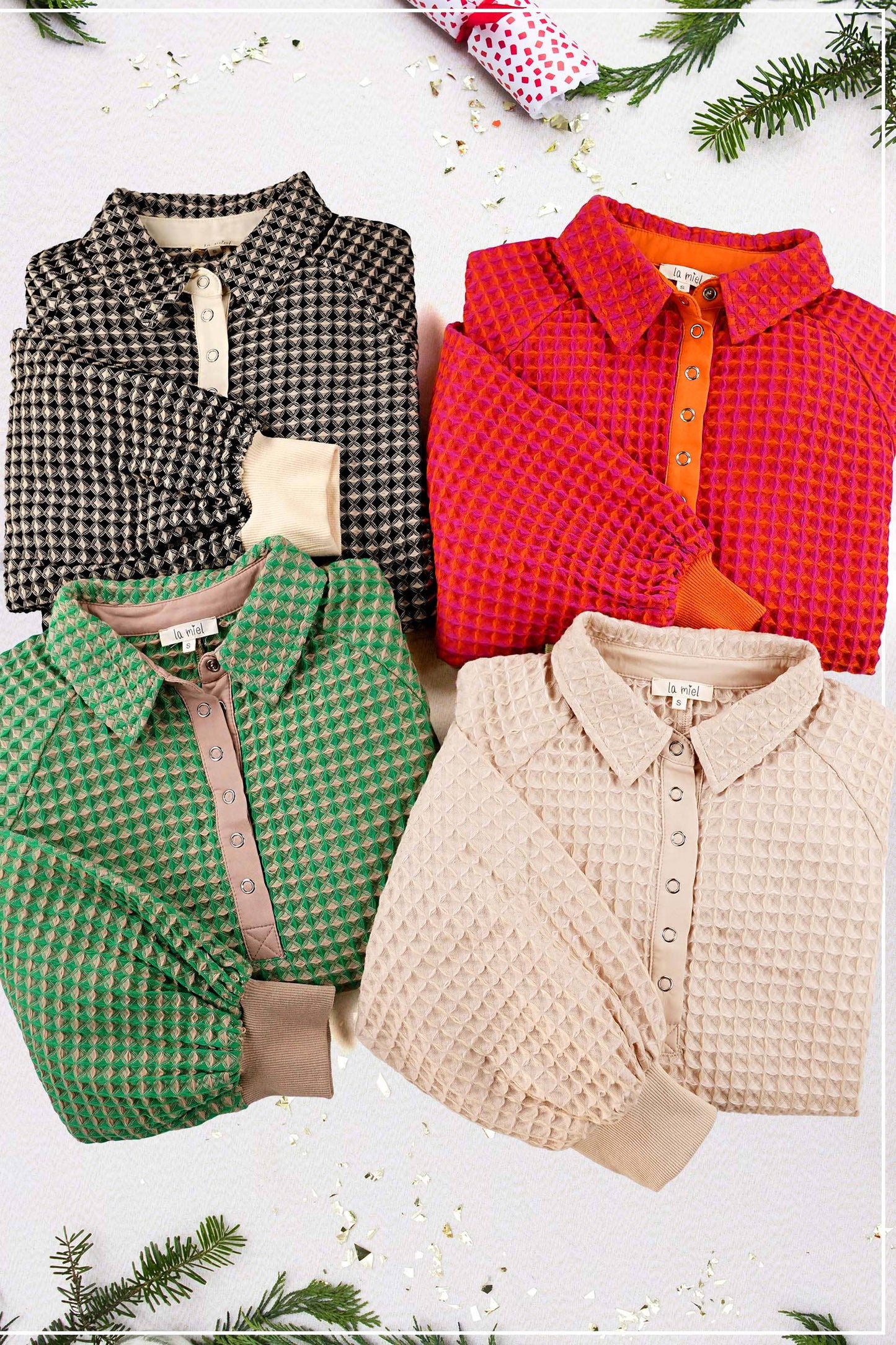 HCS3576-Unique Two Tone Textured Snap Button Front Top