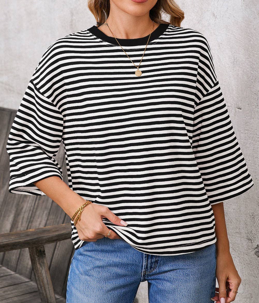 Pink Striped Knit Crew Neck Top with Back Bow Tie Detail