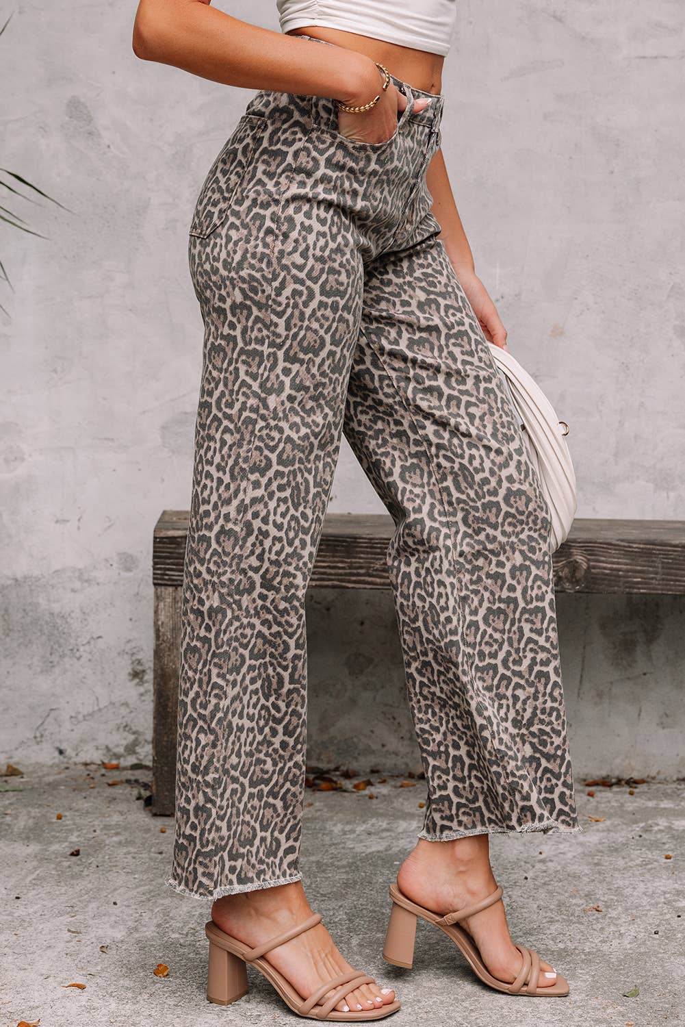 Western Leopard Frayed Edge Wide Leg High Waist Jeans*4-16
