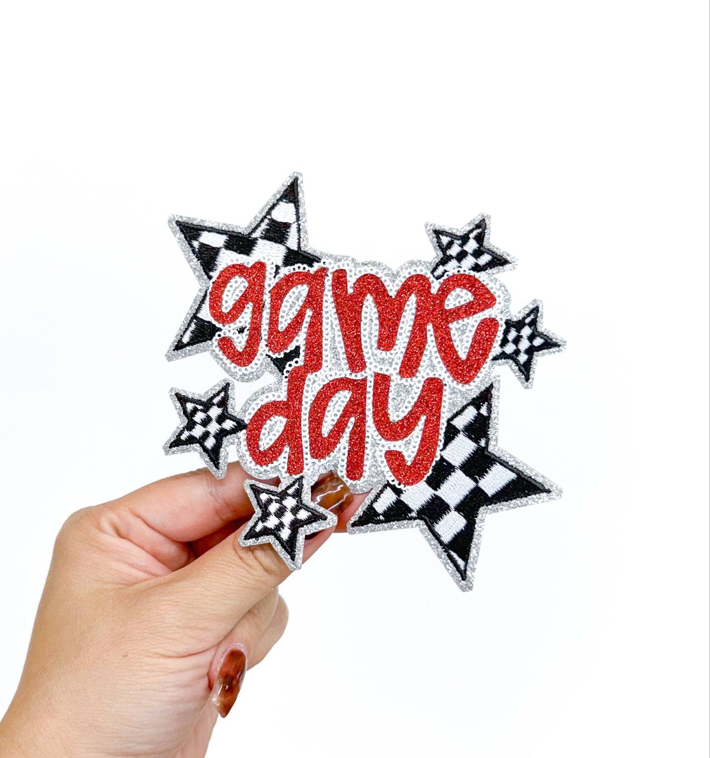Red Game Day Checkered Star Sequin Glitter Patch 