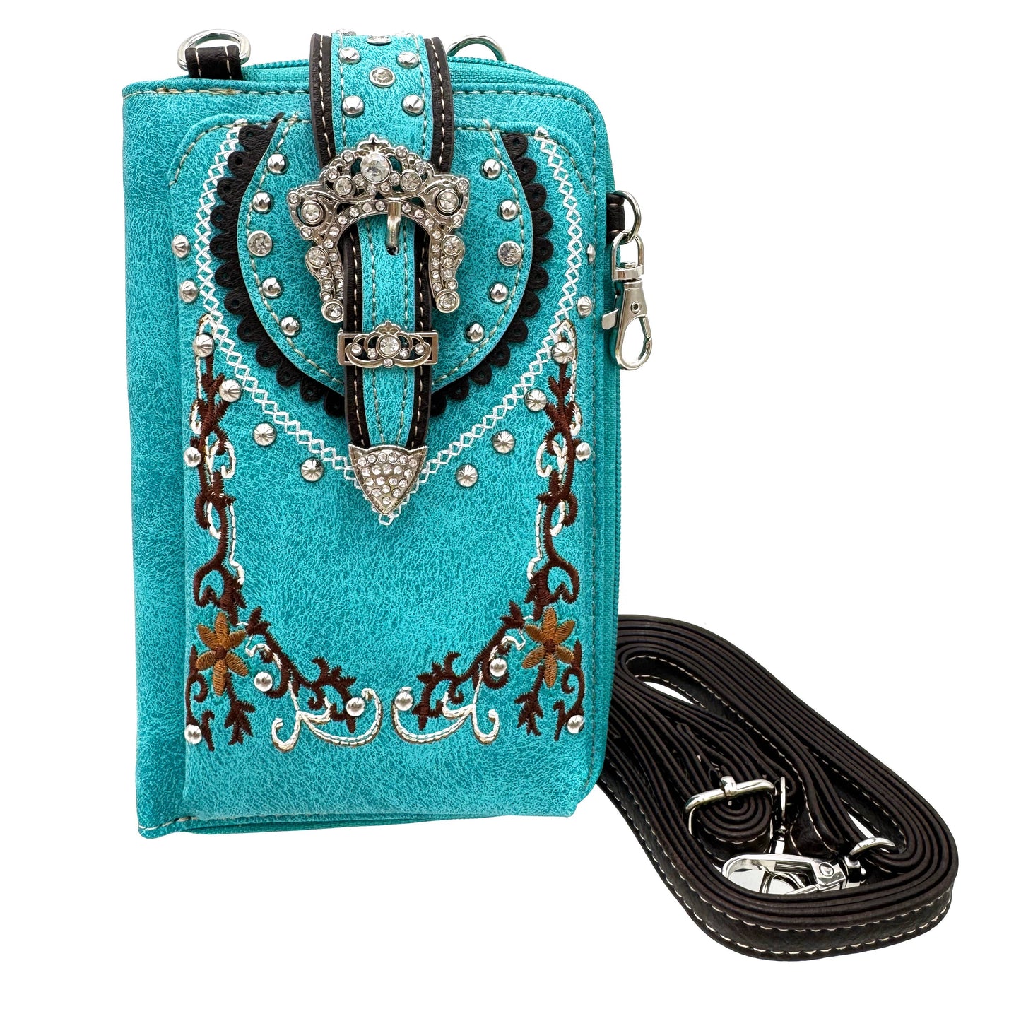 Crown Buckle Western Embroidered Floral Phone Wallet
