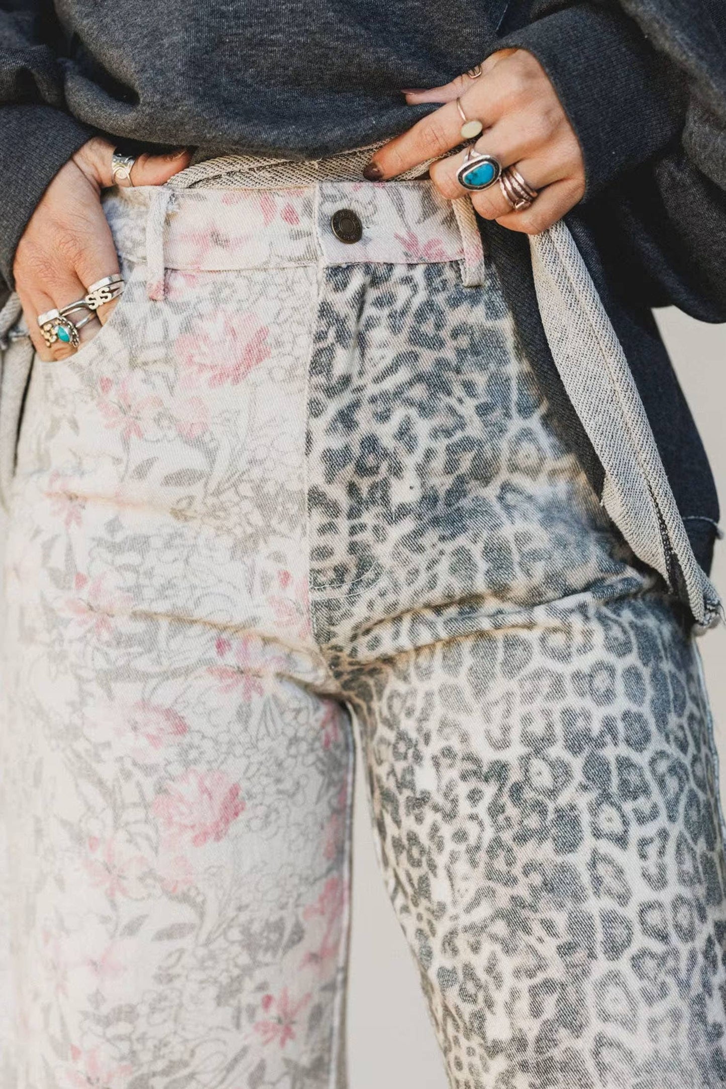 Western Leopard Frayed Edge Wide Leg High Waist Jeans*4-16