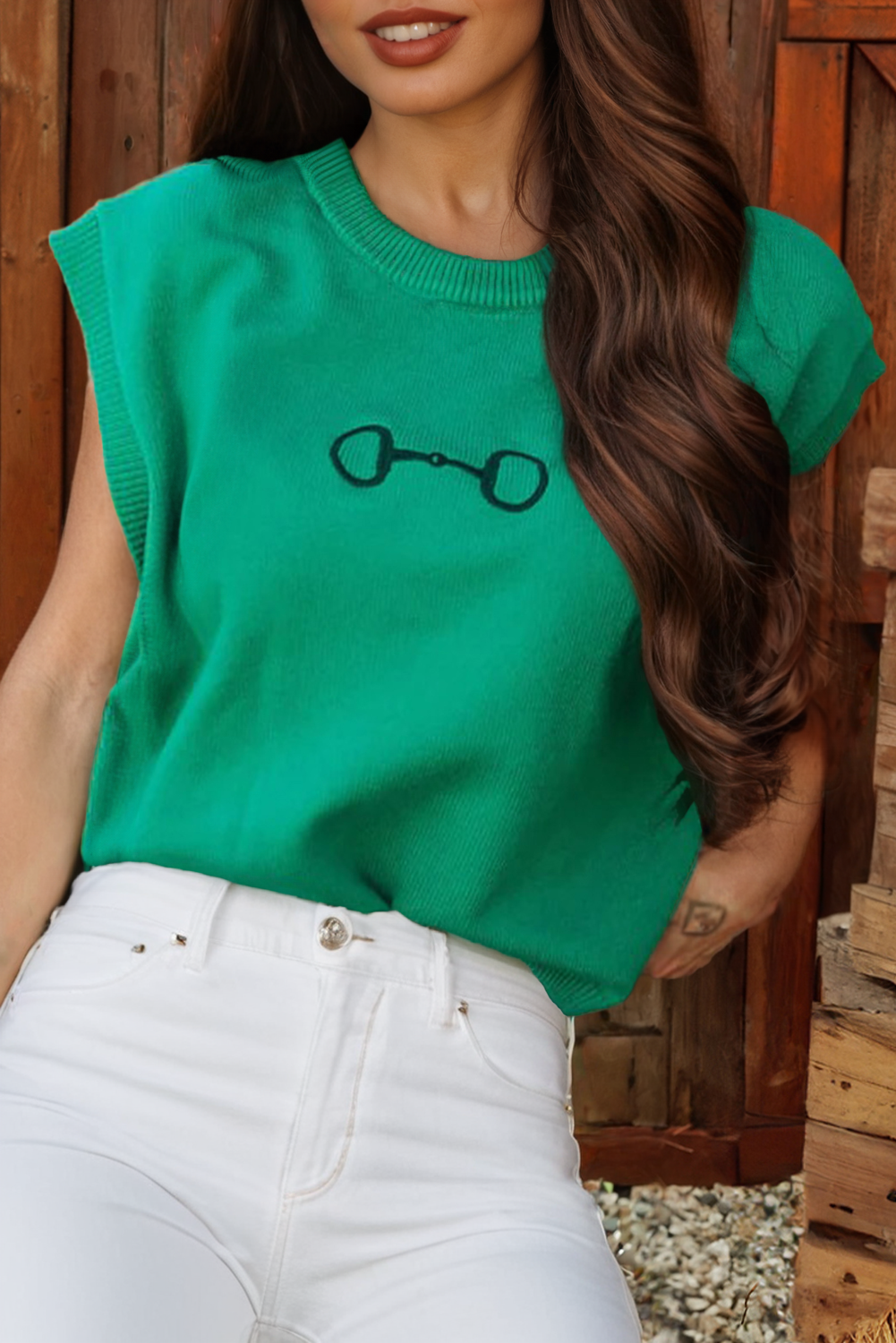 Western Horse Bit Embroidered Short Sleeve Sweater