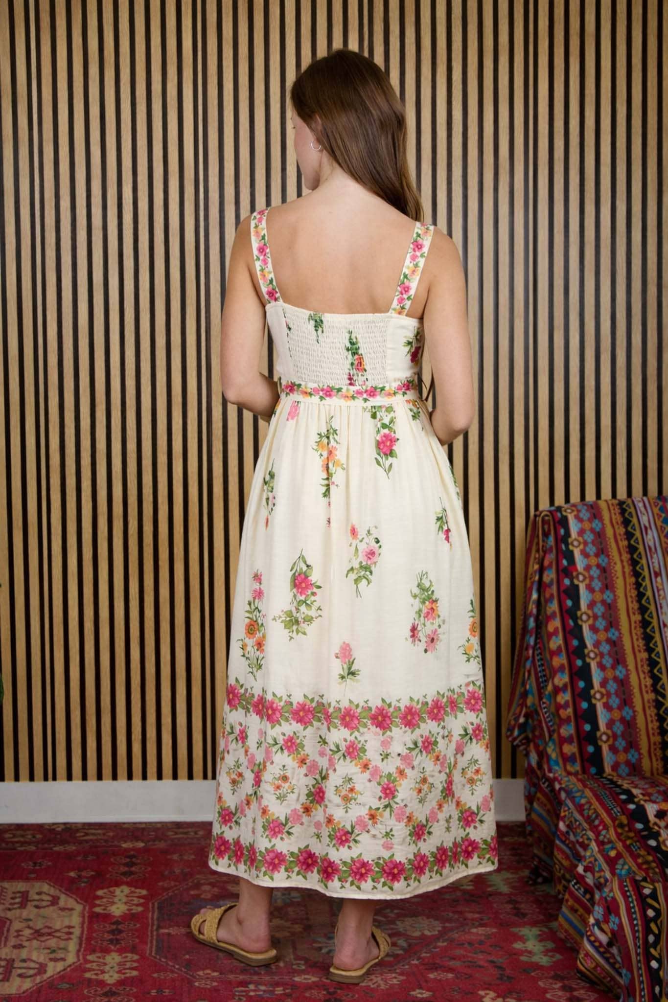 FLORAL BORDER PATTERN BELT STRAP MIDI DRESS