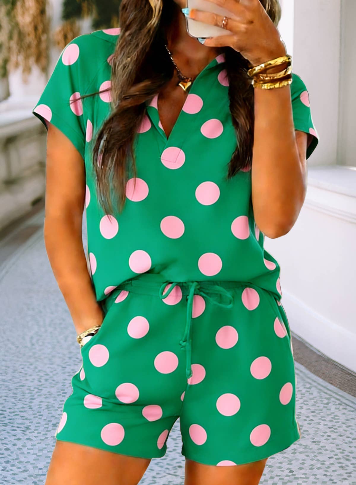 LDC Polka Dot Print V Neck Tee Short Set
