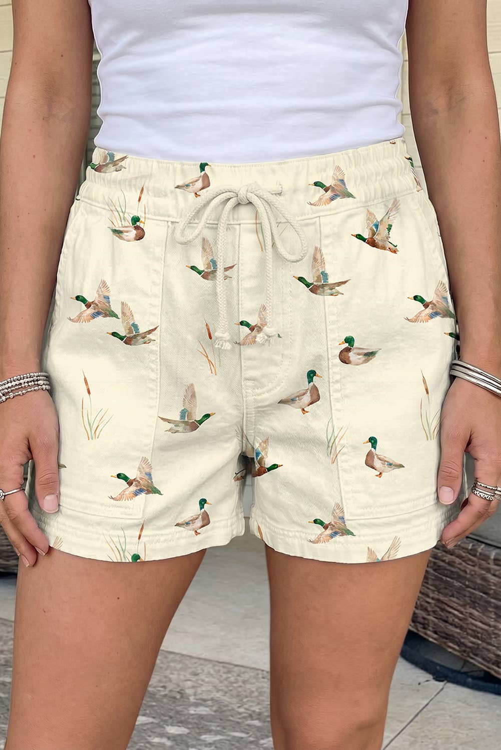 Wild Duck Mallard Printed Drawstring Denim Shorts