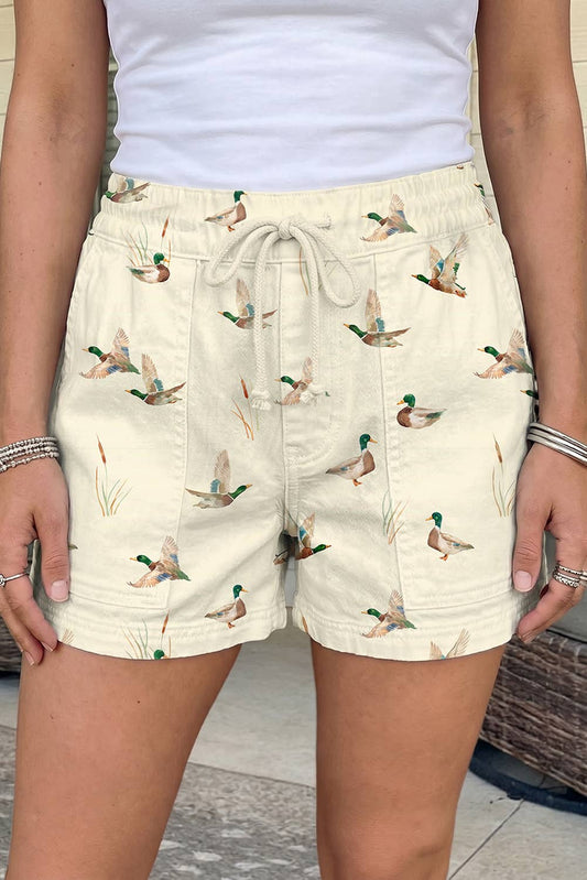 Wild Duck Mallard Printed Drawstring Denim Shorts
