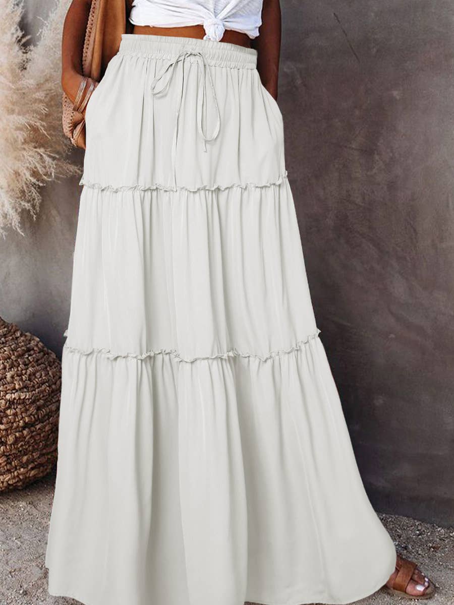 Boho Tiered Maxi Skirt with Pocket 17colors