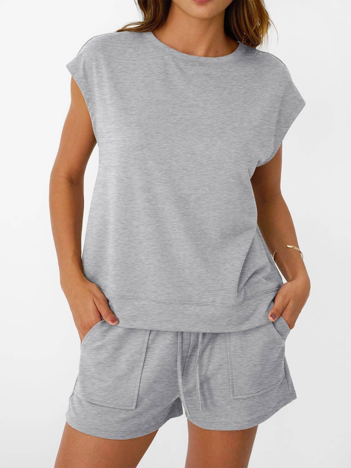 Casual Lounge Set Cap Sleeve Top Drawstring Shorts