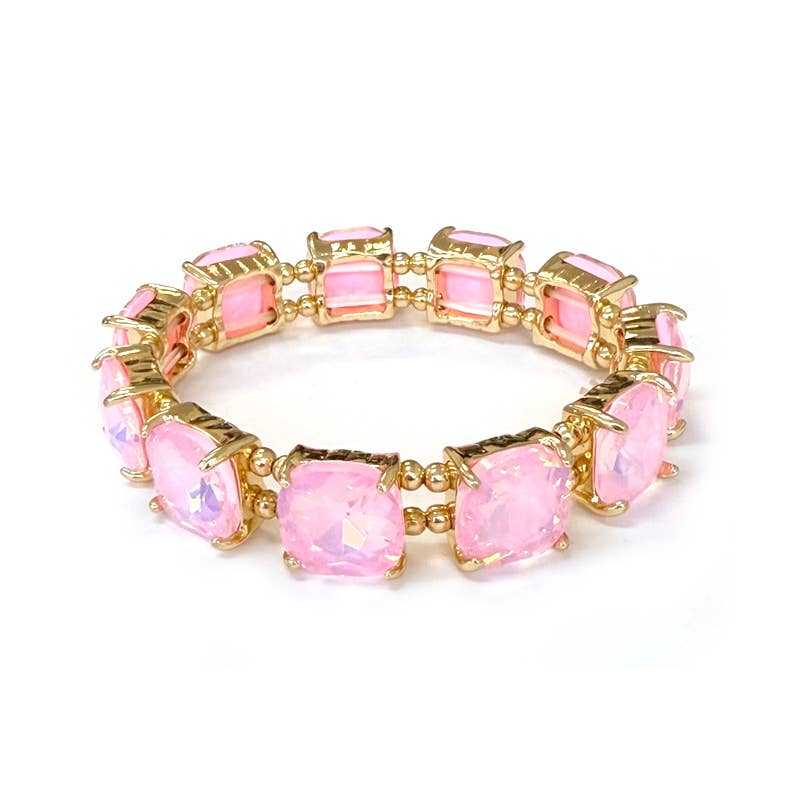 Cushion Cut Glass Crystal Linked Stretch Bracelet