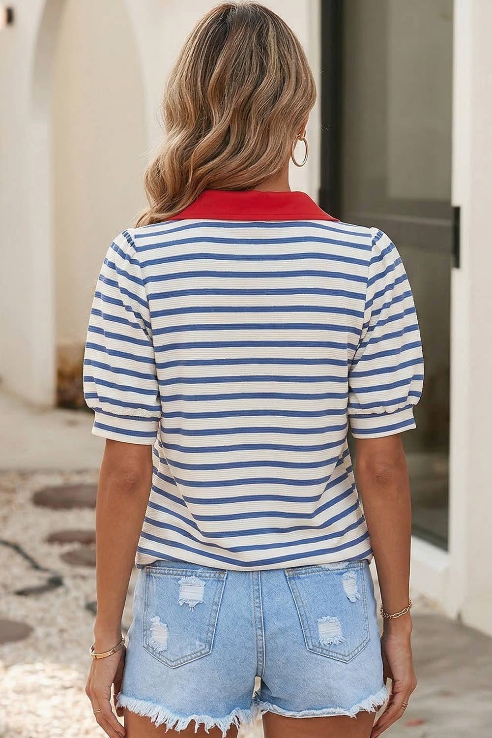 LDC Casual Striped V Neck Short Dleeve Top