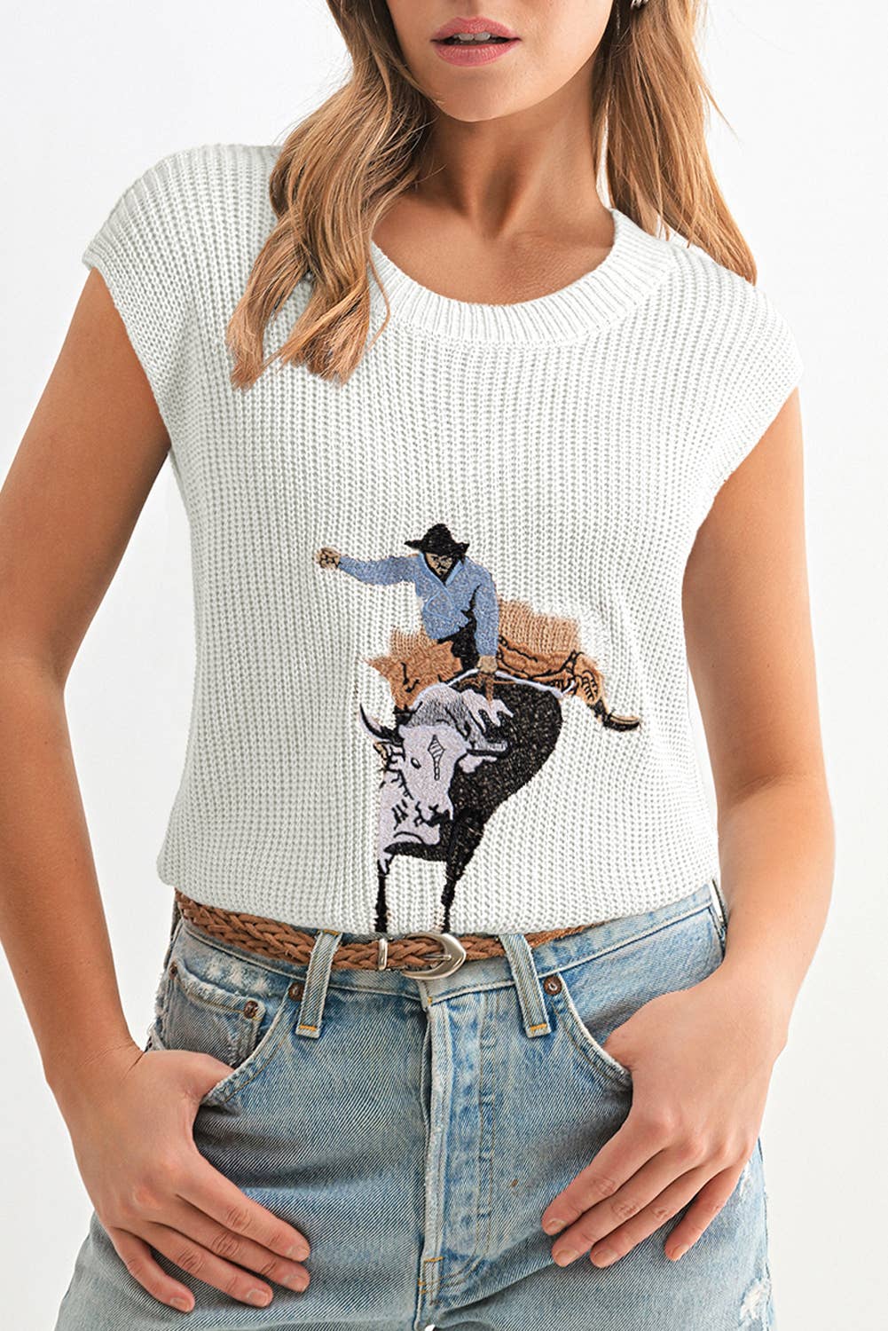 Western Cowboy Embroidery Sleevless Sweater | S-XL
