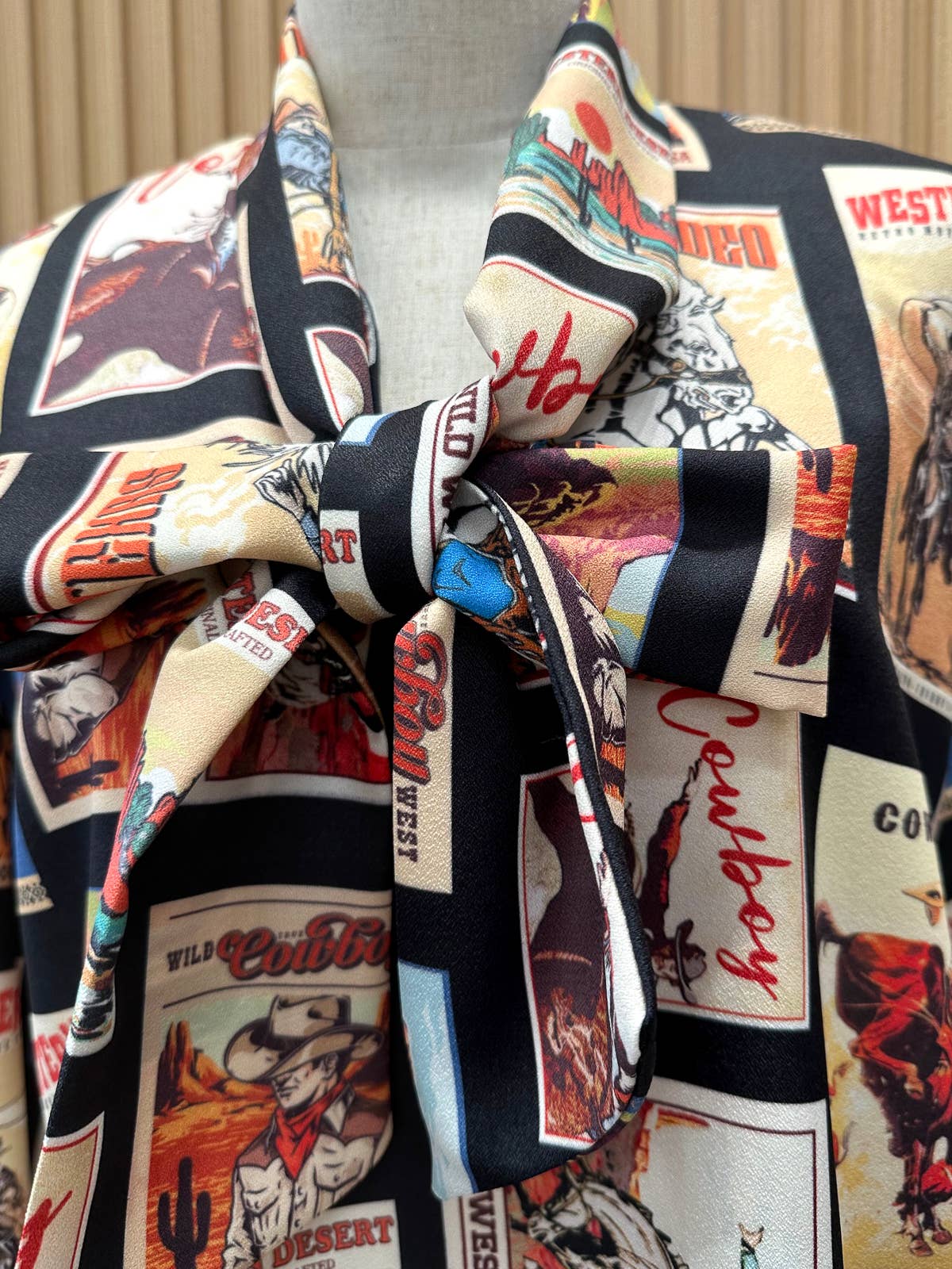 T1629-5585-Western Cowboy Stamps Print Ribbon Blouse