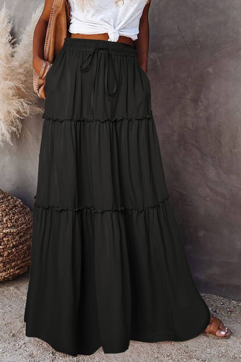 Boho Tiered Maxi Skirt with Pocket 17colors