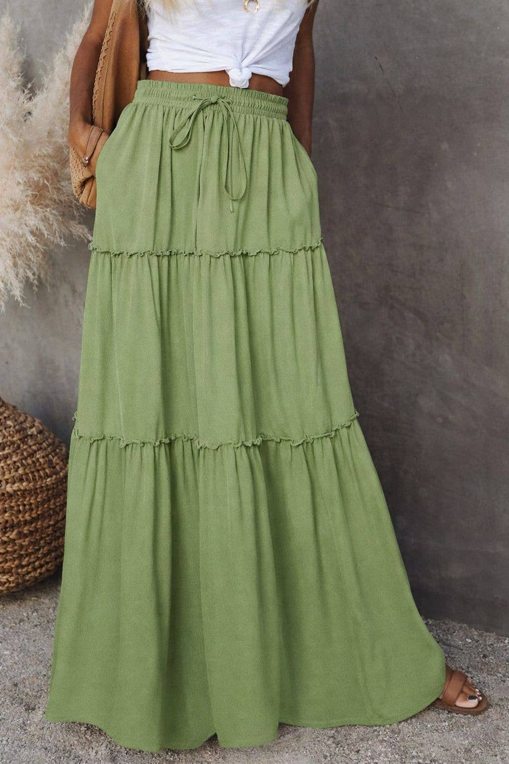 Boho Tiered Maxi Skirt with Pocket 17colors