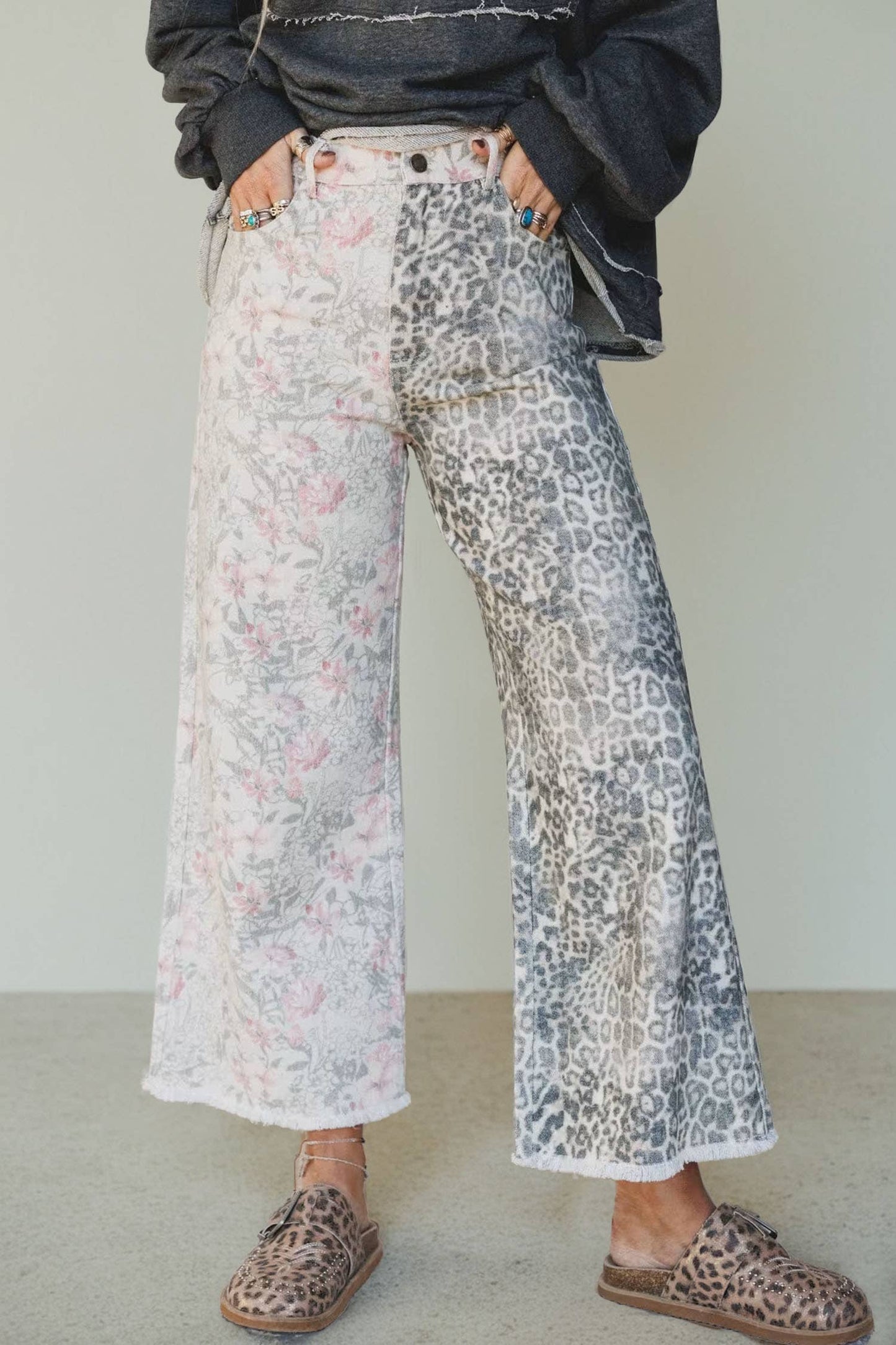 Western Leopard Frayed Edge Wide Leg High Waist Jeans*4-16