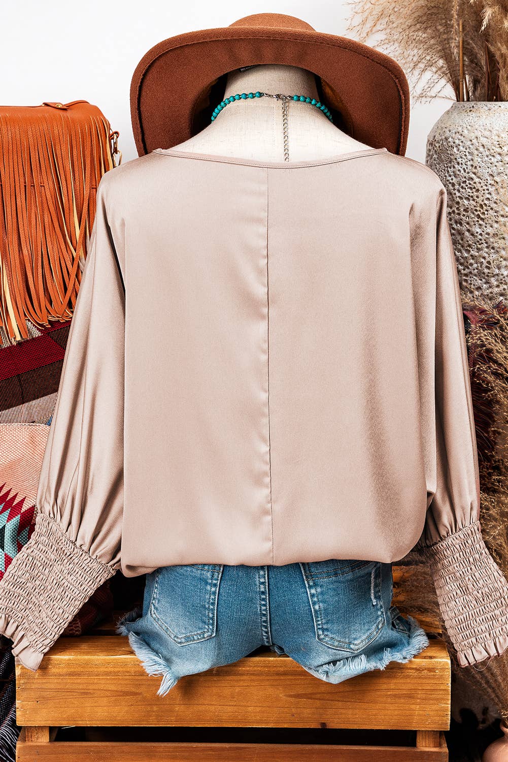 Fashion-W Shirred Dolman Sleeve Satin Blouse