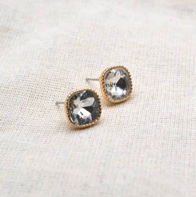 Square Textured Framed Crystal Glass Stone Stud Earrings